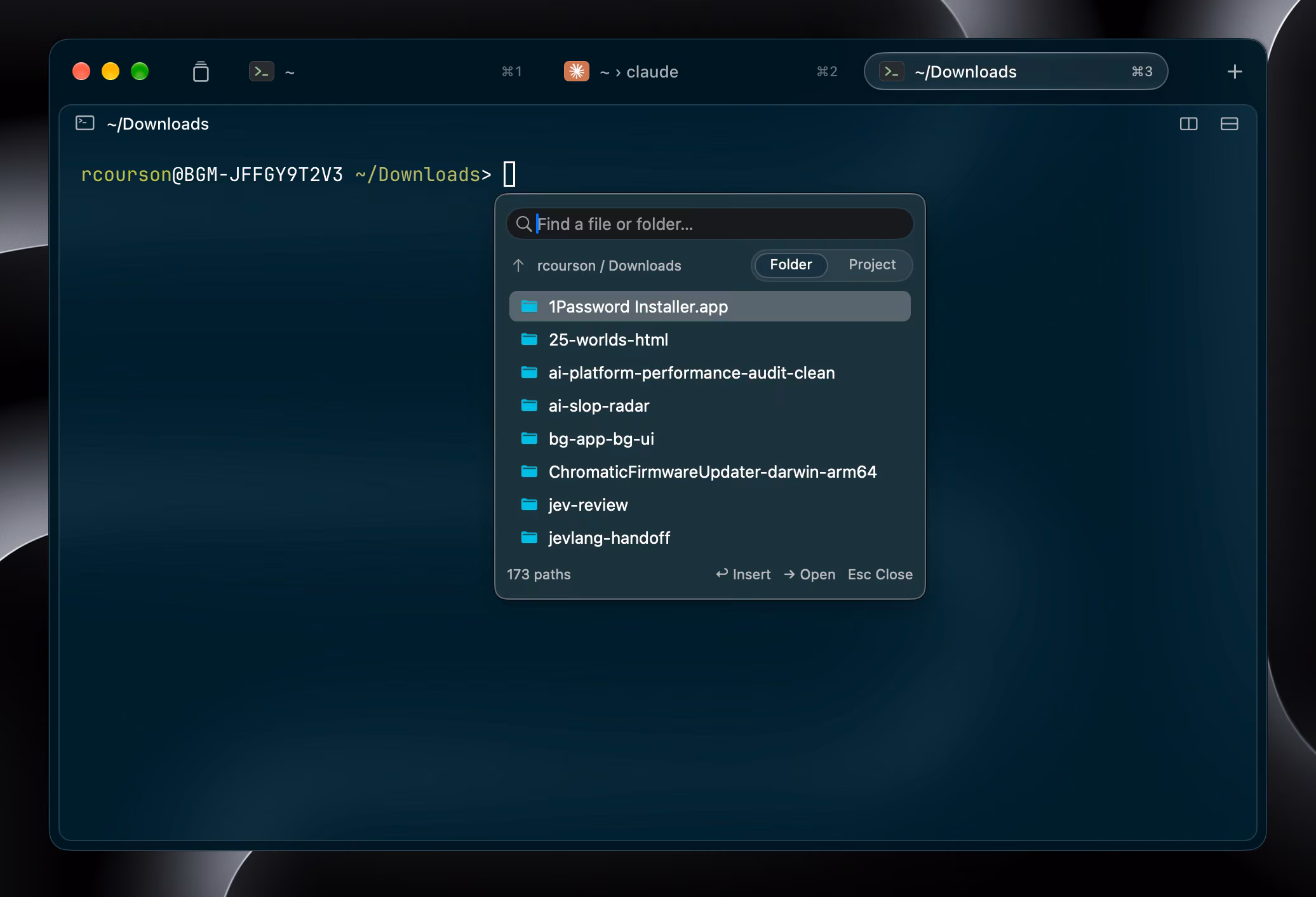 Harness 2.0 with title-bar tabs and a cursor-anchored Insert Path picker in a navy terminal.